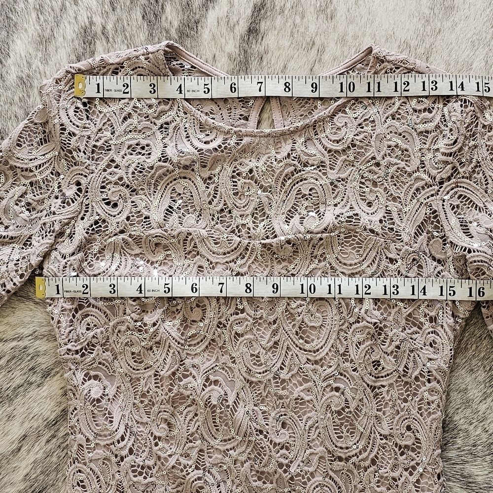 3 for $30! SALE Marina Lace Sequined Illusion Blush Sheath Bell Sleeve Dress - Picture 12 of 13